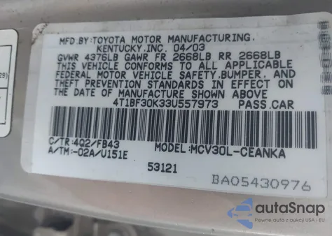 2003 Toyota Camry Le V6 from USA, damaged, VIN 4T1BF30K33U557973